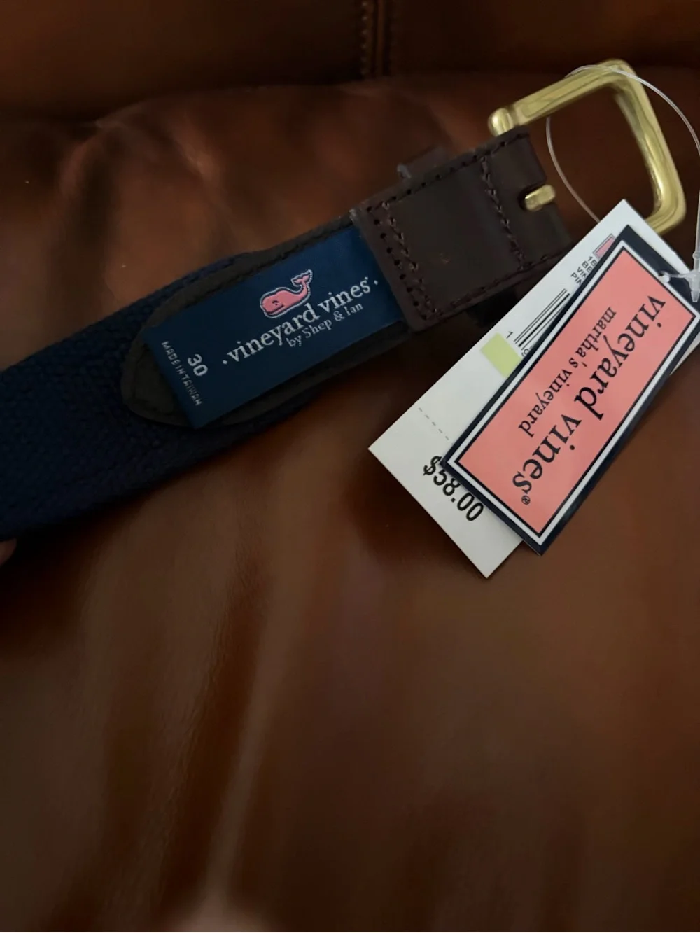 Vineyard Vines Navy Belt with Pink Whale-Print and Brown Leather Trim